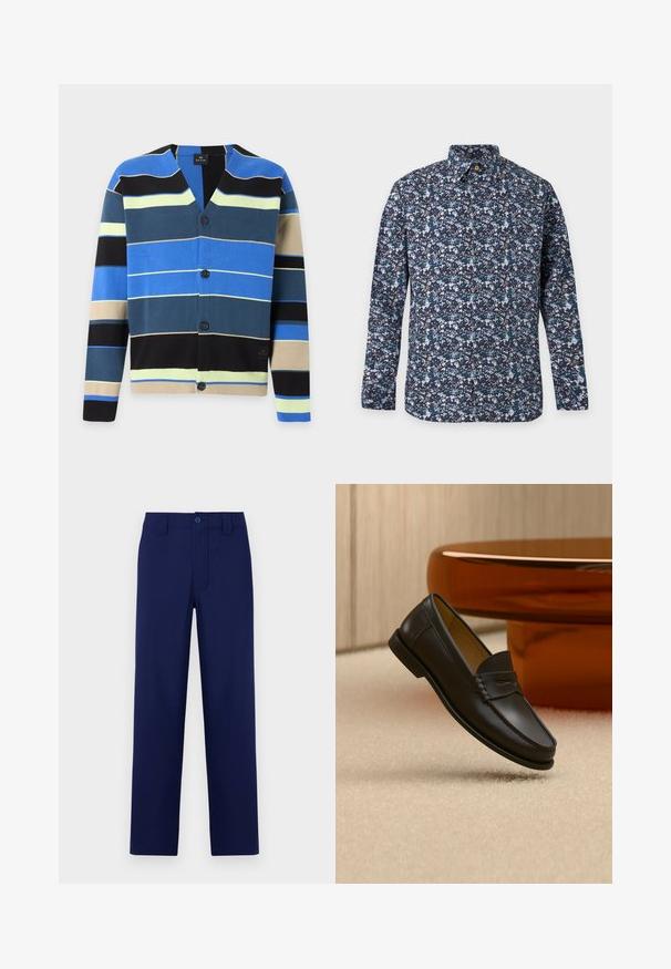 Cárdigan abotonado con rayas horizontales en azul, negro, beige, amarillo y azul oscuro sobre fondo blanco.; Camisa de manga larga con botones y un patrón floral azul, blanco y verde azulado sobre un fondo oscuro, con cuello puntiagudo.; Pantalones azul marino con botón y cremallera, corte recto, parte delantera lisa y bolsillos laterales; fabricados en una tela suave y ligera.; Zapato mocasín de cuero negro suspendido sobre una alfombra beige con muebles modernos de color ámbar en el fondo.