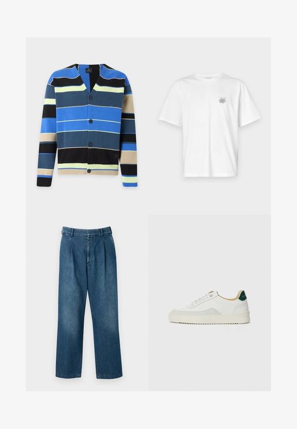 Vest met knopen met horizontale strepen in blauw, zwart, beige, geel en donkergroen op een witte achtergrond.; Witte t-shirt van katoen met korte mouwen, een ronde hals, en een klein grijs logo op de linker borstzijde. Soepele textuur.; Blauwe denim broek met een rechte pijp, voorzien van een hoge taille, plooien aan de voorkant en een klassieke knoopsluiting. Gladde textuur.; Witte sneaker met suède accenten, ronde neus, platte veters en een crème rubberen zool. Bevat groene branding op de hiel.