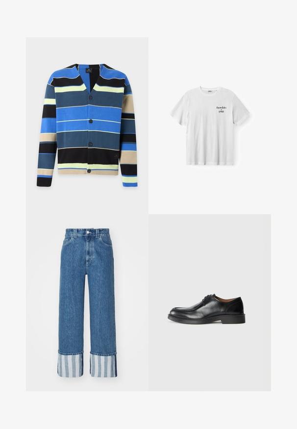Vest met knopen met horizontale strepen in blauw, zwart, beige, geel en donkergroen op een witte achtergrond.; Gabba DUNE KAY - T-shirt print - white; Brede denimbroek in medium blauw, met een zoom met blauw-witte verticale strepen. Klassiek vijf-pocket ontwerp met een knoopsluiting.; Zwarte leren dresschoenen met een ronde neus, een gladde afwerking, veters en een lage, gestructureerde rubberen zool. Strakke lijnen en een minimalistisch ontwerp.