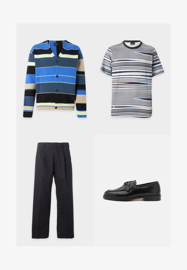Cardigan boutonné avec des rayures horizontales en bleu, noir, beige, jaune et bleu sarcelle foncé sur fond blanc.; T-shirt blanc à manches courtes avec des rayures horizontales noires, bleues et orange et un col rond noir.; Pantalon noir droit avec passants de ceinture et plis devant sur fond blanc uni.; Mocassins en cuir noir avec un bout arrondi et une boucle décorative. Talon plat, solide et texture lisse sur l'ensemble.