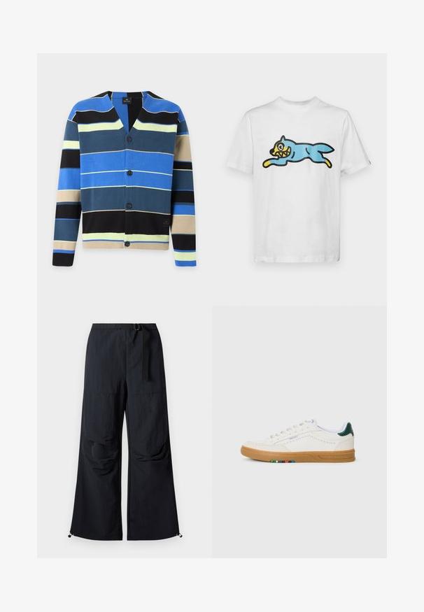 Knopf-Cardigan mit horizontalen Streifen in Blau, Schwarz, Beige, Gelb und Dunkelblau-Grün auf weißem Hintergrund.; Weißes Baumwoll-T-Shirt mit einem blauen, cartoonartigen Kater mit gelbem Gesicht und scharfen Zähnen, der in einer springenden Pose dargestellt ist.; Schwarze, weit geschnittene Hose aus leichtem Stoff. Verfügt über einen Gürtel, zwei große Seitentaschen und verstellbare Säume mit Kordelzug.; Weiße Leder-Sneaker mit Perforationsdesign, Gummisohle, grünem Fersenakzent und buntem Streifenmuster an der Seite.