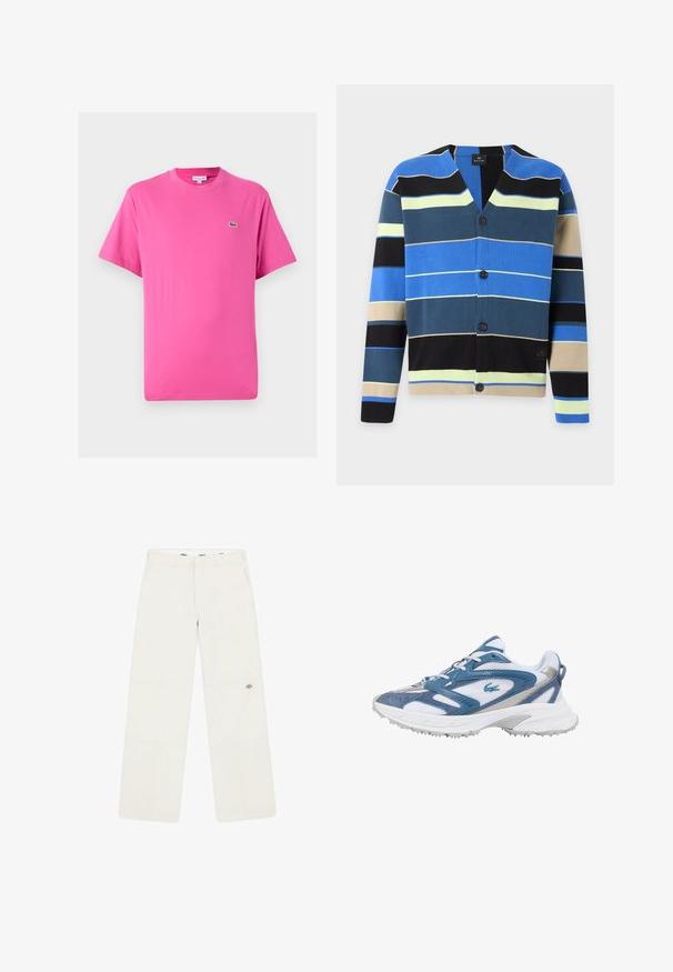 Knopf-Cardigan mit horizontalen Streifen in Blau, Schwarz, Beige, Gelb und Dunkelblau-Grün auf weißem Hintergrund.; Kurzärmliges T-Shirt aus leuchtend pinkem Baumwollstoff, mit Rundhalsausschnitt und einem kleinen grünen Krokodil-Logo auf der linken Brust.; Luftige, weiße Hosen aus einem Stoff mit feiner Textur. Mit einem Logo nahe dem Saum und einem klaren, geraden Schnitt.; Weißer und blauer Sportschuh mit Mesh- und Wildleder-Einsätzen, Schnürdesign und strukturierter Gummisohle für besseren Halt.