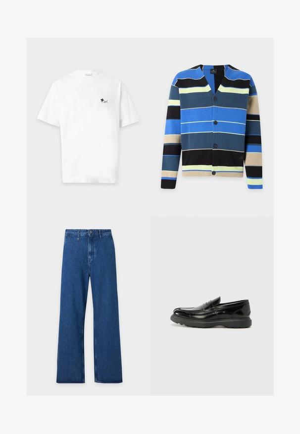 Cardigan boutonné avec des rayures horizontales en bleu, noir, beige, jaune et bleu sarcelle foncé sur fond blanc.; T-shirt blanc à manches courtes avec un petit trèfle noir et le mot "loved" imprimé sur la poitrine gauche.; Jean bleu à jambes larges avec passants de ceinture, fermeture à boutons et taille haute, présenté à plat sur un fond clair.; Mocassin en cuir noir avec une finition brillante, bout arrondi, détails de couture subtils et semelle en caoutchouc épaisse pour la durabilité.
