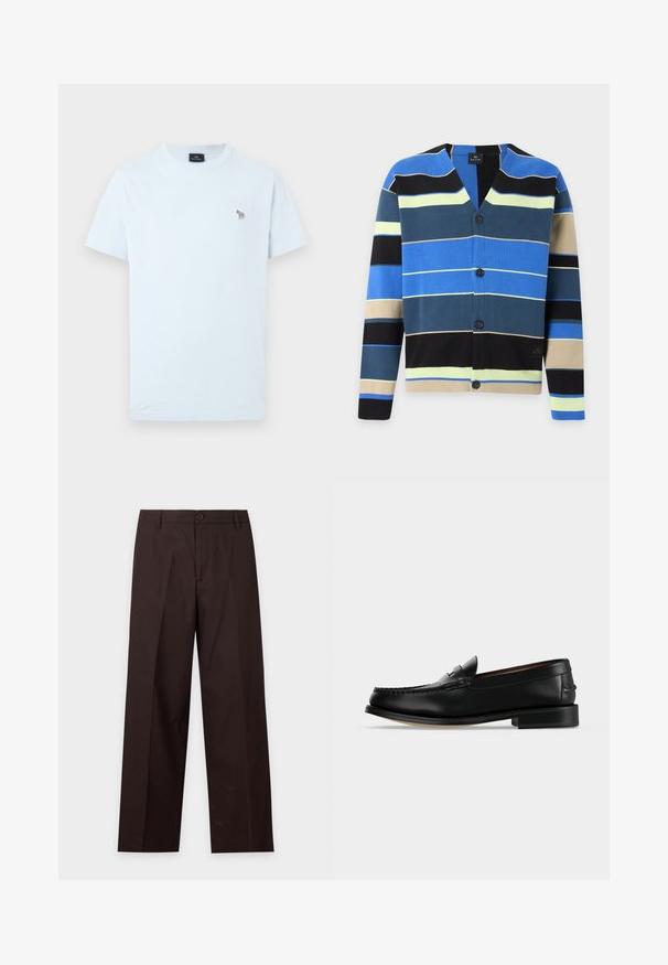 Cardigan boutonné avec des rayures horizontales en bleu, noir, beige, jaune et bleu sarcelle foncé sur fond blanc.; T-shirt blanc à manches courtes avec col rond, petit logo zèbre multicolore brodé sur le côté gauche de la poitrine.; Pantalon droit marron foncé avec passants de ceinture, fermeture par bouton et pli sur le devant, présenté sur fond blanc.; Mocassin homme en cuir noir avec un petit talon et une couture de style mocassin sur l'avant, vu de côté sur un fond uni.