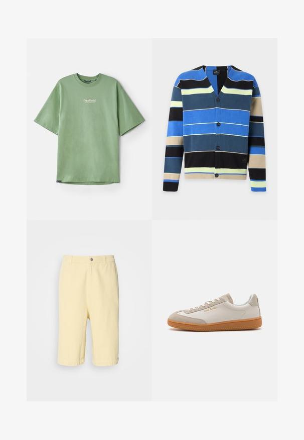 Vest met knopen met horizontale strepen in blauw, zwart, beige, geel en donkergroen op een witte achtergrond.; Groen T-shirt met korte mouwen, gemaakt van katoen, met een ronde hals en een klein wit logo op de borst. Soepele textuur, ontspannen pasvorm.; Geel katoenen shorts met een rechte snit, voorzien van een knoopsluiting aan de voorkant en een opgerolde zoom. Soepele textuur, casual ontwerp.; Witte en beige lage sneakers met een gumrubberen zool, witte veters, suède details en een gouden "Paul Smith" logo aan de zijkant.