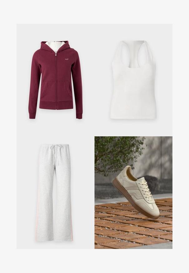 Bordeauxrood zip-up hoodie van zachte stof, met gevoerde capuchon, twee voorkanten zakken en een geborduurd logo op de borst.; Witte mouwloze top van zacht materiaal, met een ronde halslijn en racerback ontwerp, een gladde textuur en zonder zichtbare patronen.; Grijze sweatpants met een drawstring taille, rechte pijpen en een lichtroze zijstreep. Gemaakt van zachte, comfortabele stof.; Sneaker in roomkleur met een gestructureerde beige rubberen zool, vetersluiting en subtiele merkdetails aan de zijkant. Bovenwerk van glad leer.