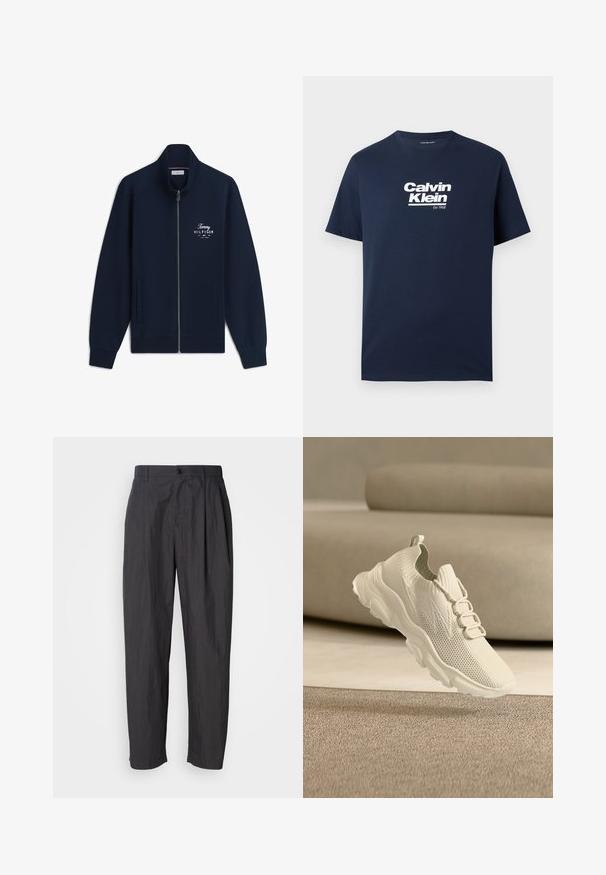 Chaqueta azul marino con cremallera, cuello alto, bolsillos delanteros y logotipo blanco de Tommy Hilfiger en el pecho izquierdo que dice "EST. 1985 NEW YORK."; Camiseta azul marino de manga corta con logo blanco "Calvin Klein Est. 1968" centrado en el pecho, con cuello redondo.; Pantalones rectos de color gris oscuro con pasadores para cinturón, cierre frontal con botón y bolsillos laterales sobre un fondo claro liso.; Zapatilla deportiva tejida color beige claro con suela gruesa y collarín en el tobillo, mostrada en el aire sobre una alfombra beige texturizada.