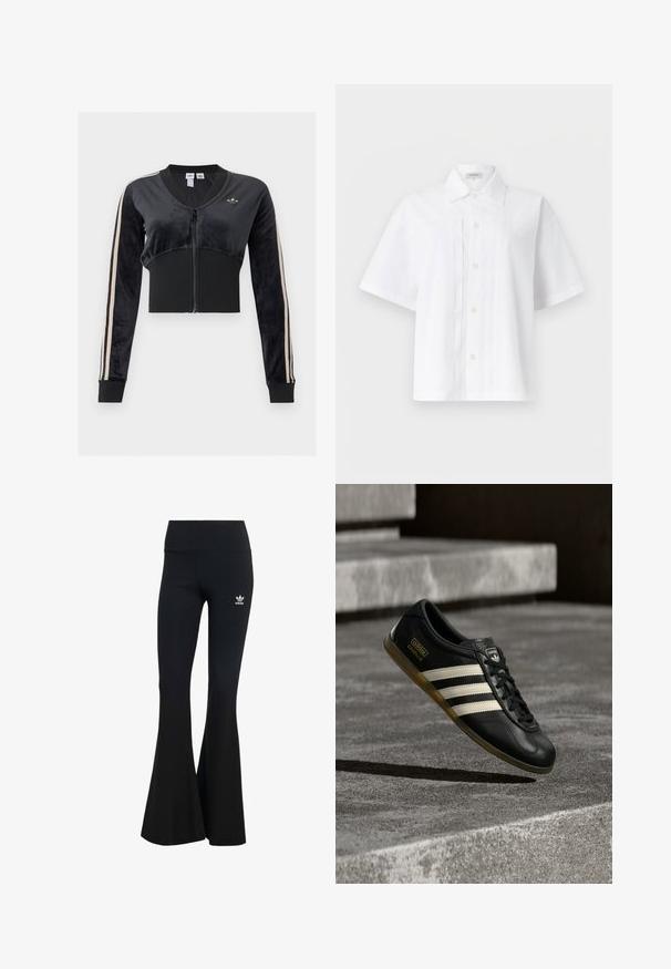 Schwarze, kurz geschnittene Jacke mit Reißverschluss, beigen Streifen an den Ärmeln, geripptem Bund und Bündchen sowie kleinem Adidas-Trefoil-Logo auf der Brust.; Weißes kurzärmliges Hemd mit Knöpfen, Kragen und vertikalen Falten Details auf der Vorderseite, dargestellt auf einem schlichten hellen Hintergrund.; Schwarze gerippte Schlagleggings mit einem breiten Bund, ausgestattet mit einem kleinen weißen Adidas-Logo auf der oberen linken Seite. Weicher Stoff.; Schwarzer Leder-Sneaker mit weißem Drei-Streifen-Design, strukturierten Akzenten, schwarzen Schnürsenkeln und einer Gummisohle. Markenlogo auf der Zunge sichtbar.