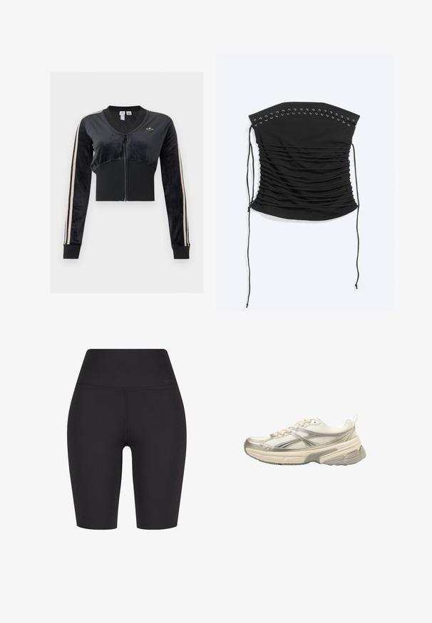 Sort cropped zip-up jakke med beige striber på ærmerne, ribstrikket linning og manchetter, samt et lille Adidas trefoil-logo på brystet.; Sort stropløs ruchet korset top med snøredetalje og lange sideremmestrips, lagt fladt på en lys baggrund.; Højtaljede sorte cykelsjorts lavet af strækbart stof, med et sømløst design og subtil branding nær taljen.; Creme- og beige atletiksneaker med mesh-overdel, dekorative sølvstriber, tyk polstret sål og trækflig ved hælen.