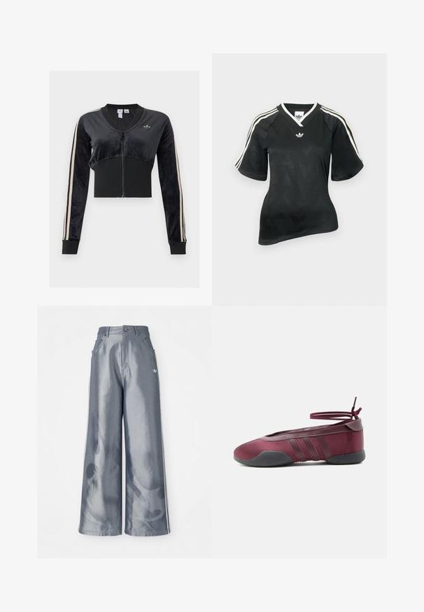 Mustast lühendatud lukuga jakk beežide triipudega varrukaosadel, soonikkoes vöökoht ja mansetid ning väike Adidas trefoil logo rinnal.; Mustast spordipluusist T-särk V-kaelusega, lühikeste varrukatega ja tekstuurse chevron-mustriga. Õlgadel valged kolme triibu aktsendid ja logo.; Laiad püksid läikivast hallist materjalist, valgete külgtriipudega ja põlevate mustritega alumistes jalgades. Nööp ja lukku kinnitamine vööl.; Bordoopunane ballerinarätt musta tallaga, elastsete pahkluurihmadega, mis on seotud lipsuks, ja külgedel õmmeldud detailidega, nähtud välisküljelt.