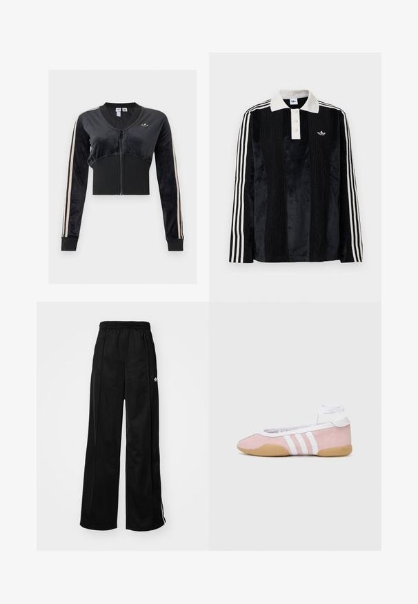 Sort cropped zip-up jakke med beige striber på ærmerne, ribstrikket linning og manchetter, samt et lille Adidas trefoil-logo på brystet.; Sort fløjl langærmet polo shirt med en hvid ribbestrikket krave, tre knapper, struktureret front og tre hvide striber på hver ærme.; Sorte brede træningsbukser med elastisk talje, prydet med hvide side-striber og et lille logo på venstre hofte. Glat stofstruktur.; adidas Originals TAEKWONDO MEI BALLET - Sneakers - clear pink/ftwr white/gum