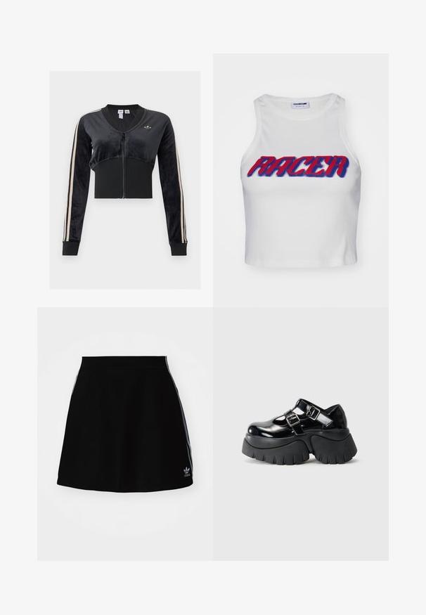 Sort cropped zip-up jakke med beige striber på ærmerne, ribstrikket linning og manchetter, samt et lille Adidas trefoil-logo på brystet.; Hvid ribbet cropped tanktop med ordet "RACER" i fed rød og blå skrift over forsiden.; Sort athletisk nederdel med en udvidende design, prydet med hvide sidelogoer og et broderet logo ved kanten. Fremstillet af glat, strækbart materiale.; Sorte patentlæder platform sko med to justerbare spænder, chunky gummisål og udskæringsdesign på den øverste overflade.