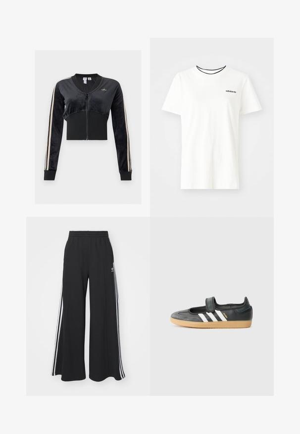 Sort cropped zip-up jakke med beige striber på ærmerne, ribstrikket linning og manchetter, samt et lille Adidas trefoil-logo på brystet.; Hvid bomulds t-shirt med korte ærmer og rund halsudskæring. Har et sort Adidas-logo på brystet og en kontrasterende sort indvendig krave.; Sorte bukser med vide ben og elastik i taljen, med tre hvide striber langs ydersiderne og et lille logo foran.; Sort læder- og ruskinds sneakers med en Velcro-rem, der har tre hvide striber og en gummisål, mærket "SAMBA" på siden.