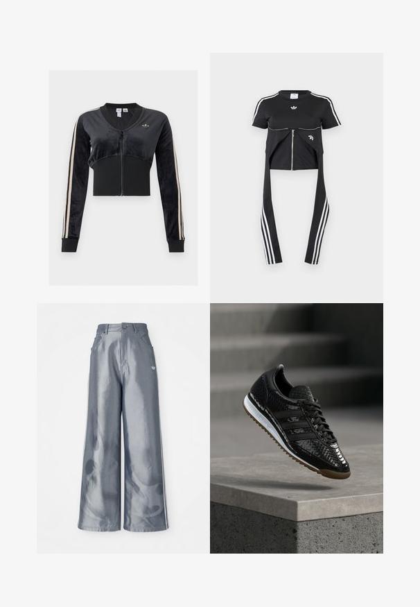 Chaqueta corta negra con cremallera, con franjas beige en las mangas, cintura y puños acanalados, y un pequeño logo trefoil de Adidas en el pecho.; Top negro de manga corta con rayas blancas de Adidas en las mangas, detalle de cremallera en el frente y paneles de tela extendidos colgando con tres rayas blancas.; Pantalones de pierna ancha en material gris brillante, con rayas laterales blancas y un patrón de llamas en la parte inferior de las piernas. Cierre con botón y cremallera en la cintura.; Zapatilla negra brillante con patrón texturizado, cordones negros, entresuela blanca y suela marrón, exhibida sobre un borde de concreto.