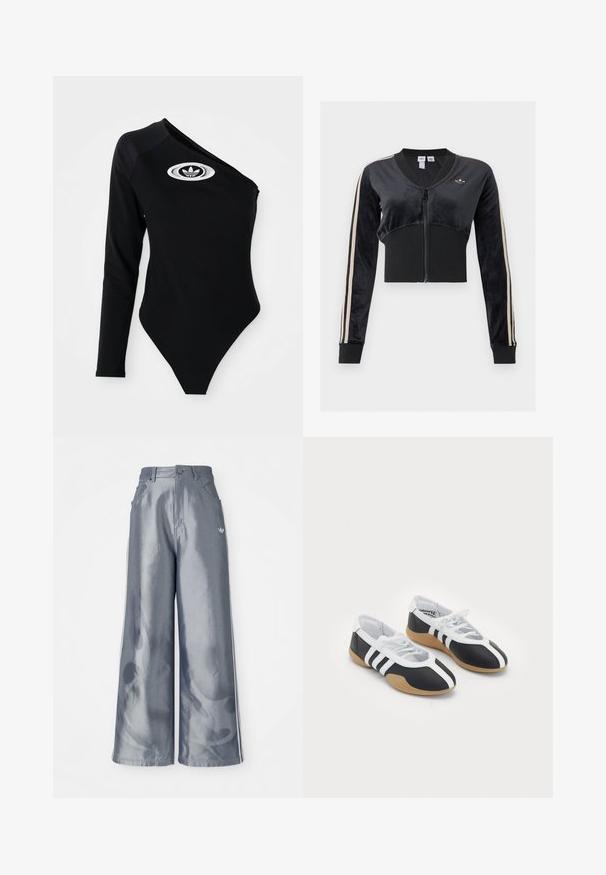 Mustast lühendatud lukuga jakk beežide triipudega varrukaosadel, soonikkoes vöökoht ja mansetid ning väike Adidas trefoil logo rinnal.; Mustem pikad varrukad bodysuit ühe õla kujundusega, ribakujuline tekstuur ja valge Adidas logo rinnal. Kehasse liibuv vorm ja minimaalsed aktsendid.; Laiad püksid läikivast hallist materjalist, valgete külgtriipudega ja põlevate mustritega alumistes jalgades. Nööp ja lukku kinnitamine vööl.; Mustvalged spordijalatsid, millel on sile disain, kummist tald, paeltest kinni tõmmatav sulgur ja kolm valget triipu külgedel.