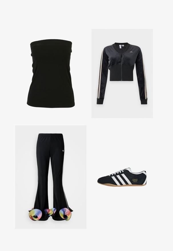 Chaqueta corta negra con cremallera, con franjas beige en las mangas, cintura y puños acanalados, y un pequeño logo trefoil de Adidas en el pecho.; Top negro sin tirantes hecho de tela elástica, con una textura suave y un diseño ajustado. Sin hardware o acentos visibles.; Pantalones deportivos negros con un diseño acampanado amplio. Cuenta con bajos coloridos y ondulados, y franjas blancas a los lados. Elaborados en tejido elástico.; Zapatillas de ante negro con tres franjas blancas, logotipo dorado y suela de goma marrón. Presentan un diseño de cordones de perfil bajo.