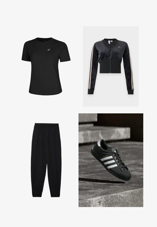 Sort cropped zip-up jakke med beige striber på ærmerne, ribstrikket linning og manchetter, samt et lille Adidas trefoil-logo på brystet.; Sort atletisk T-shirt lavet af glat stof, med rund halsudskæring og korte ærmer. Indeholder et reflekterende logo på venstre front.; Sort, lette bukser med elastisk talje og sammenfoldede ankler. Stoffet er glat og har et afslappet, indsnævret design.; Sort Adidas Superstar sneaker med hvide striber og guld "SUPERSTAR" tekst svævende over en betonoverflade nær trapper.