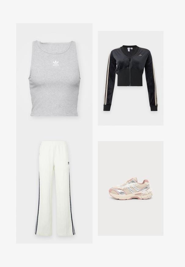 Chaqueta corta negra con cremallera, con franjas beige en las mangas, cintura y puños acanalados, y un pequeño logo trefoil de Adidas en el pecho.; Top corto sin mangas gris, hecho de un tejido suave, con un escote redondo y un pequeño logo blanco de Adidas en el pecho.; Pantalones de color crema claro, de tejido de punto con diseño acampanado. Presentan franjas laterales en azul oscuro y un logo de Adidas en la cadera. Cintura elástica.; Zapatilla beige y rosa con detalles plateados y cordones en el costado y el talón, mostrada de perfil sobre un fondo liso y claro.