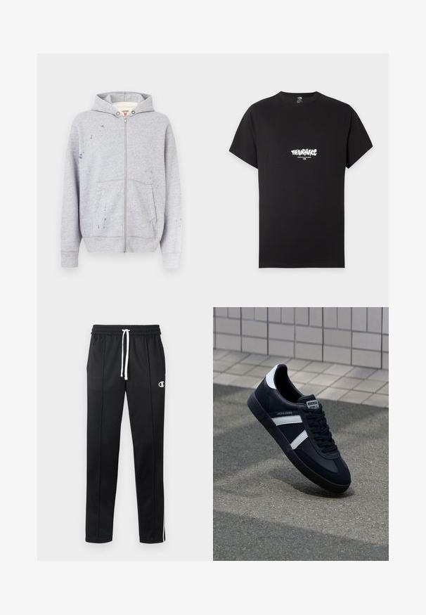 Grå hættetrøje med lynlås lavet af bomuldsblanding, med hætte, frontlommer og malingssprøjt detaljer på venstre side.; Sort T-shirt med korte ærmer med hvidt "The North Face" logo og "Never Stop Exploring" tekst centreret på brystet.; Sorte atletiske bukser med hvid snor, sidelister, frontlommer og et lille hvidt Champion-logo på venstre lår.; Sort lædersneaker med hvide striber, tekstureret gummisål og snørrebånd foran. Har et brandet mærke på tungen.