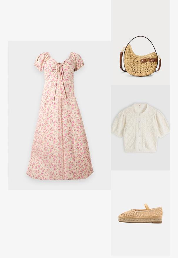 Hvid kortærmet strikket cardigan med diamant- og kabelmønstre, knaplukning foran og rund hals med flæser.; Creme midi-kjole med puffede ærmer, pink blomsterprint, rynket balkonette og bindedetalje foran i midten.; Loeffler Randall KAYLA - Espadrilles - natural; Vævet halmmulesæk med en buet form, brunt læderstrop med spænde og en naturlig tan farve. Tekstureret overflade med synlige sting.