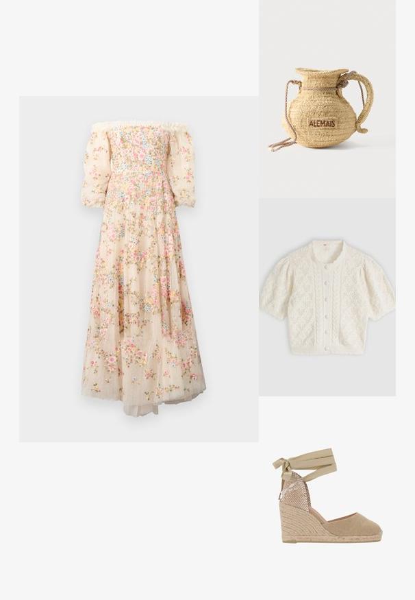 Witte korte mouwen gebreide cardigan met diamant- en kabelpatronen, knoopsluiting aan de voorkant en gerimpelde ronde halslijn.; Off-shoulder, crèmekleurige jurk met bloemenborduurwerk, doorschijnende pofmouwen en een gelaagde, vloeiende rok met een stippenstructuur.; Beige espadrille wedge sandaal met een gestructureerde geweven stof bovenkant, veters voor de enkel en een met jute omhulde platformhak.; Ronde gevlochten strohandtas met een handvat van touw en "ALEMAIS" geborduurd aan de zijkant in bruine draad.