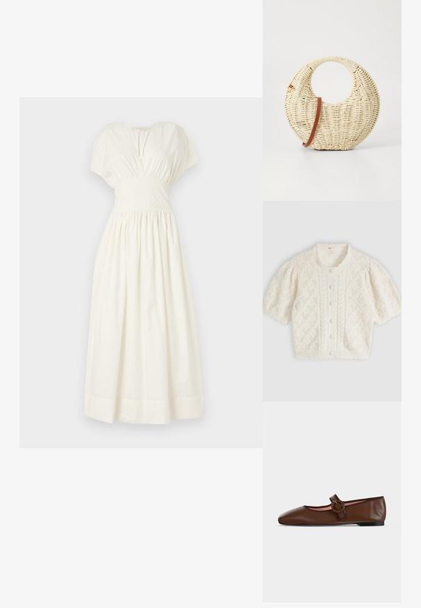 Valge lühikeste varrukatega kootud kardigan teemant- ja kabeemustriga, ees nööpidega ning rüüsäärtega ümmarguse kaelusega.; Faithfull the brand AUVE MIDI DRESS - Maksikleit - white; Pruunist nahast lamedad Mary Jane kingad ümmarguse pandla ja musta tallaga heledal hallil taustal.; Ümar aidatud kott looduslikust põhust, millel on tekstuuriga viimistlus. Sisaldab siledat pruunist nahast rihma ja ringikujulist käepidet.