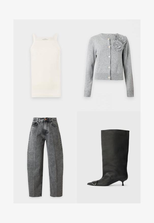 Lysegrå cardigan med knapper, lange ærmer og to store stofblomsterdekorationer på venstre skulder.; Cremefarvet ribbet tanktop med tynde stropper, tætsiddende design og lige kant. Etiketten siger "IVY OAK." Materialet ser blødt og strækbart ud.; Grå højtaljede denimjeans med knaplukning, forlommer og lige, brede ben på en ensfarvet hvid baggrund.; Sort læder ankelstøvle med spidse tå, lille hæl og metallisk detalje på tæerne. Glat, mat overflade hele vejen igennem.