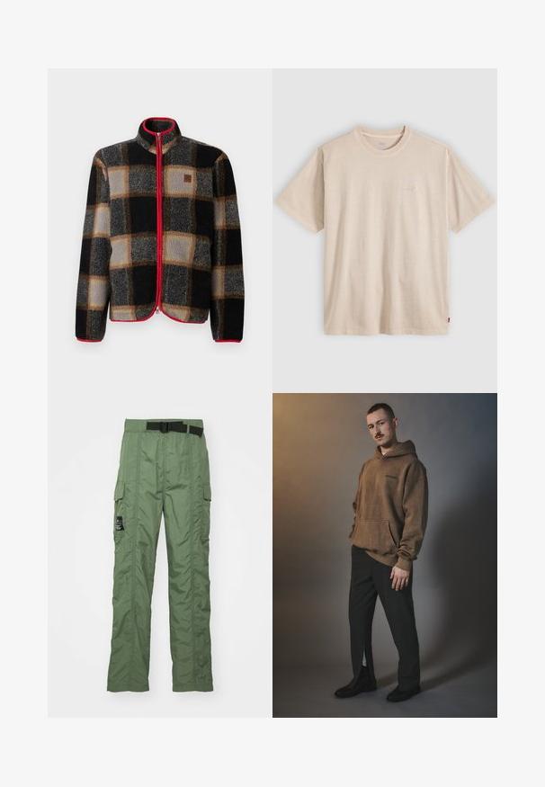 Veste en polaire avec un motif à carreaux noir, gris et marron. Elle dispose d'une fermeture éclair rouge et d'un col, d'une fermeture éclair à l'avant et d'un patch logo sur la poitrine.; T-shirt beige à manches courtes avec col rond, logo Levi’s discret sur la poitrine et petite étiquette rouge sur la couture latérale.; Pantalons cargo en vert olive, fabriqués en tissu léger. Présentent une ceinture noire, des poches cargo sur les côtés et des détails de couture.; Hoodie ample marron avec une poche avant et un logo, associé à un pantalon noir ajusté avec une fente sur le côté. Porté avec des chaussures noires.