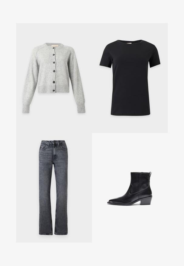 Lichtgrijze wollen cardigan met lange mouwen, ronde hals, geribde manchetten en zoom, en zes zwarte knopen aan de voorkant.; Effen zwart T-shirt met korte mouwen en ronde hals, afgebeeld op een witte achtergrond, vooraanzicht met een eenvoudig, onbewerkt ontwerp.; High waist recht donkergrijze denim jeans met voorste knoop, rits en ontwerp met vijf zakken, weergegeven op een witte achtergrond.; Zwarte leren enkelboot met een spitse neus en een lage blokhak. Heeft een zijrits en minimale stiksels voor een stijlvolle uitstraling.
