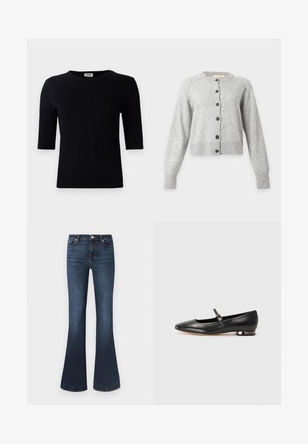 Cardigan en laine gris clair à manches longues, col rond, poignets et ourlet côtelés, avec six boutons noirs sur le devant.; T-shirt noir à côtes avec un col rond et des manches trois-quarts. Le tissu a une texture lisse et une ligne d'ourlet droite. Pas de marque visible.; Jeans évasés en denim bleu foncé avec une texture lisse, dotés de cinq poches, d'une braguette zippée et de coutures contrastantes orange le long des coutures.; Ballerine plate noire en cuir avec un bout pointu, une fine bride à la cheville et un petit talon block métallique. Texture lisse, sans motifs visibles.