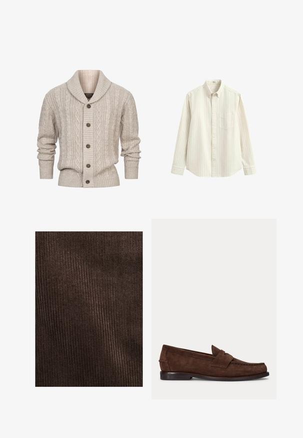 INDICODE JEANS ILTERLY - Strickjacke - kit; Langärmliges weißes Hemd mit dünnen vertikalen grauen Streifen, Knopfkragen, Brusttasche und Knopfverschluss in der Mitte.; Braunes Cordura-Gewebe mit vertikalen Rippungen, weicher Textur und einer tiefen, reichen Farbe, geeignet für Polsterungen oder Kleidung.; Brauner Wildleder-Pennyloafer mit niedrigem Absatz und sichtbarer Naht an Zehen-, Seiten- und Rückbereich, dargestellt auf hellem, einfarbigem Hintergrund.