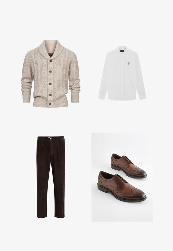 INDICODE JEANS ILTERLY - Gilet - kit; Chemise blanche à manches longues avec col replié et petit logo d'oiseau jaune sur le côté gauche de la poitrine.; Redefined Rebel JOHN COMFORT FIT - Pantalon classique - demitasse; Chaussures habillées brogue en cuir marron avec détails perforés et semelles noires, présentées côte à côte sur un fond blanc.