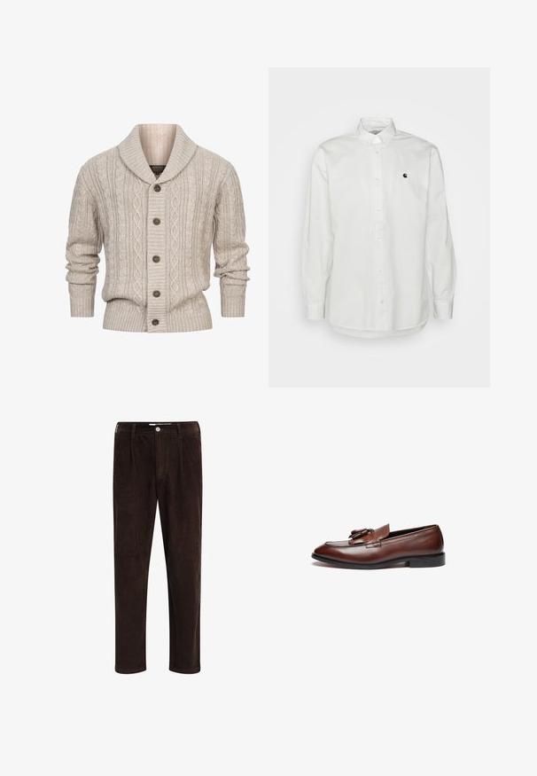 INDICODE JEANS ILTERLY - Cardigan - kit; Hvid langærmet skjorte med knapper lavet af bomuld, med et lille sort logo på venstre bryst og en klassisk krave med knapdetaljer.; Redefined Rebel JOHN COMFORT FIT - Bukser - demitasse; Brune læder loafers med en glat finish, dekorative kvaster, en rund tå og en lav sort gummisål.