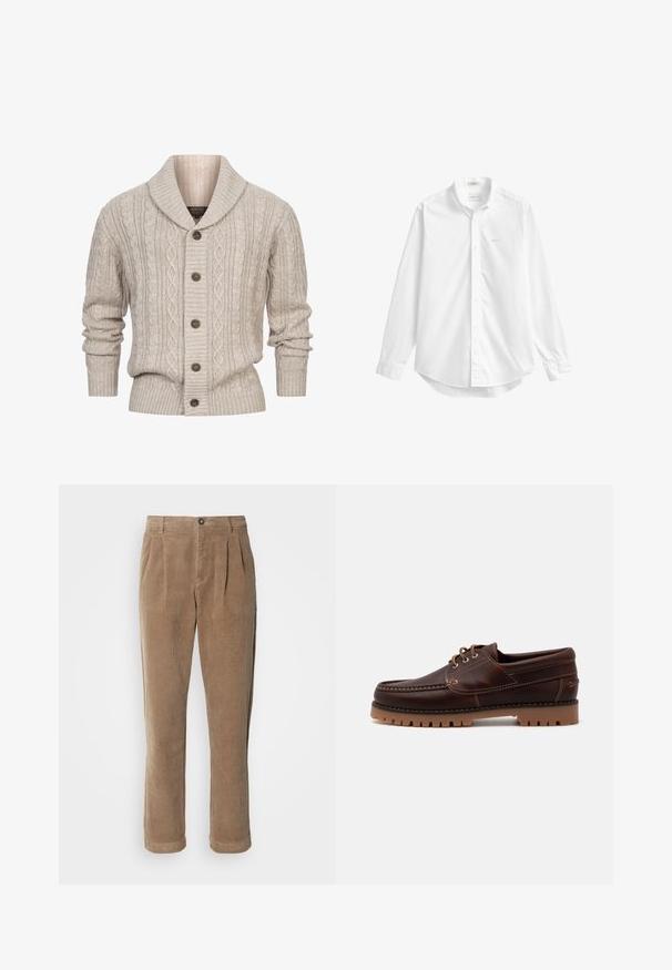 INDICODE JEANS ILTERLY - Gilet - kit; Chemise blanche à manches longues boutonnée avec un col, petit logo brodé sur la poitrine et ourlet arrondi.; Pantalons en velours côtelé marron à taille haute, avec des plis à l'avant, une fermeture à bouton et des jambes droites. Le tissu texturé est visible.; Bateau en cuir marron avec des détails de couture, design à lacets et semelle en caoutchouc robuste avec des crampons texturés pour une meilleure adhérence.