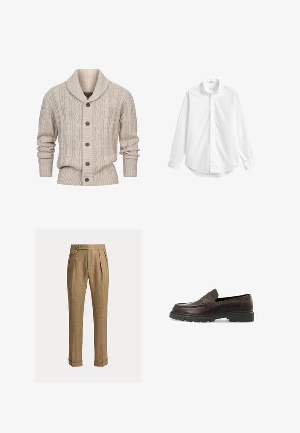 INDICODE JEANS ILTERLY - Gilet - kit; Chemise blanche à manches longues boutonnée avec un col, petit logo brodé sur la poitrine et ourlet arrondi.; Pantalon marron à carreaux taille haute avec plis, poches latérales, patte latérale boutonnée, ourlets retroussés et jambes droites sur mesure.; Mocassins en cuir brun foncé avec une finition texturée, bout arrondi et semelle en caoutchouc noir épais. Présente un accent décoratif en couture.