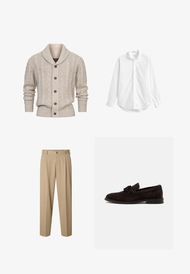 INDICODE JEANS ILTERLY - Chaqueta de punto - kit; Camisa blanca de manga larga con botones, cuello, pequeño logo bordado en el pecho y bajo curvado.; Pantalones beige a medida con pinzas delanteras, trabillas para cinturón, cierre de botón y diseño de pierna recta.; Mocasín de hombre de ante marrón oscuro con borlas, detalles cosidos y tacón bajo, mostrado de perfil sobre un fondo liso.