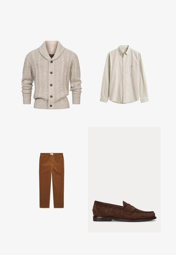 INDICODE JEANS ILTERLY - Kardigán - kit; Béžová a biela košeľa s vertikálnymi pruhmi, s dlhým rukávom, golierom a vreckom na hrudi, vystavená naplocho bez osoby.; Hnedé kordové nohavice s rovnýmm strihom, s prednými vreckami, zapínaním na gombík a vertikálnym pruhovaným vzorom.; Hnedý semišový penny loafer s nízkym opätkom a viditeľným prešitím pozdĺž špičky, bokov a zadnej časti, zobrazený na jednolivom svetlom pozadí.