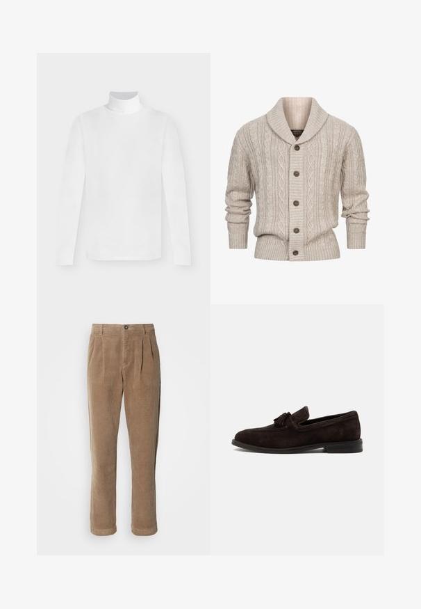 INDICODE JEANS ILTERLY - Chaqueta de punto - kit; Camiseta blanca de manga larga con cuello alto y corte ajustado, mostrada sobre un fondo liso gris claro.; Pantalones de pana marrones con un diseño de cintura alta, que presentan pliegues frontales, un cierre de botón y piernas rectas. Se puede ver la textura de la tela.; Mocasín de hombre de ante marrón oscuro con borlas, detalles cosidos y tacón bajo, mostrado de perfil sobre un fondo liso.