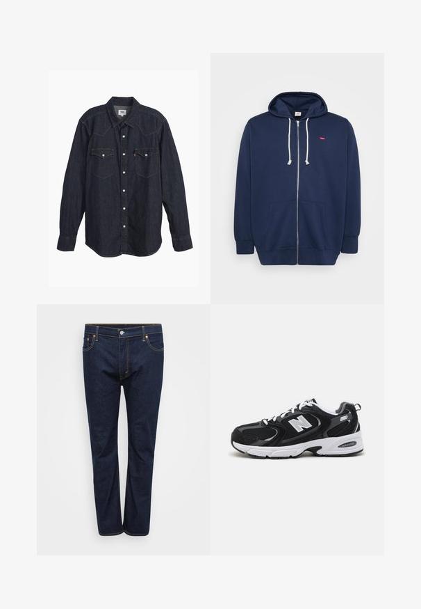 Marineblå lynlås-hoodie lavet af en bomuldsblanding med snørehuvud, frontlommer og et lille rødt logo på brystet. Blød tekstur.; Mørk denim langærmet skjorte med spids krave, to brystlommer, hvide knapper og kontrastfarvet gul syning. Glat, holdbart stof.; Mørkeblå denim jeans med lige ben, der har synlige stikninger i kontrasterende gul, fem lommer og en frontlukning med knap.; Sorte og grå sportssko med mesh og ruskind på overdelen, der har en hvid mellemsål, snørebånd og et iøjnefaldende "N" logo på siden.