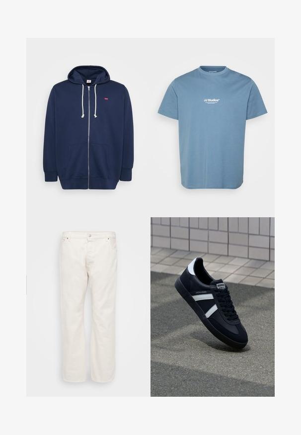 Dunkelblaue Zip-up Hoodie aus Baumwollmischung mit Kordelzugkapuze, frontalen Taschen und einem kleinen roten Logo auf der Brust. Weicher Stoff.; Hellblaues T-Shirt mit kurzen Ärmeln und weißem Textlogo "JJ Studios" auf der Brust zentriert, Rundhalsausschnitt und einfachem Baumwollstoff.; Weiße Denim-Jeans mit geradem Schnitt, ausgestattet mit einem Knopfverschluss, Gürtelschlaufen und zwei Seitentaschen. Glatte Textur, minimale Details.; Schwarze Leder-Sneaker mit weißen Streifen, strukturiertem Gummisohle und Schnürung. Verfügt über ein Markenetikett auf der Zunge.
