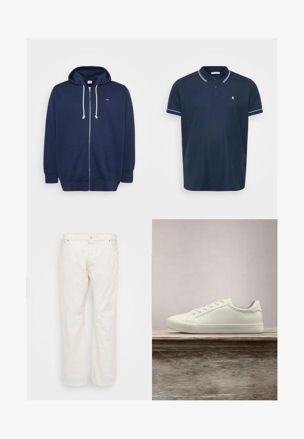 Haut de sweat à capuche zippé bleu marine en mélange de coton avec capuche à cordon, poches avant et un petit logo rouge sur la poitrine. Texture douce.; Polo shirt bleu marine en tissu texturé, avec un col classique, trois boutons et des finitions blanches sur les manches et le col. Petit logo sur la poitrine.; Jean en denim blanc avec une coupe droite, dotés d'une fermeture à bouton, de passants de ceinture et de deux poches latérales. Texture lisse, détails minimaux.; Sneaker en dentelle blanche flottant au-dessus d'un banc en bois avec un feuillage vert en arrière-plan, mettant en valeur le design et la texture de la chaussure.