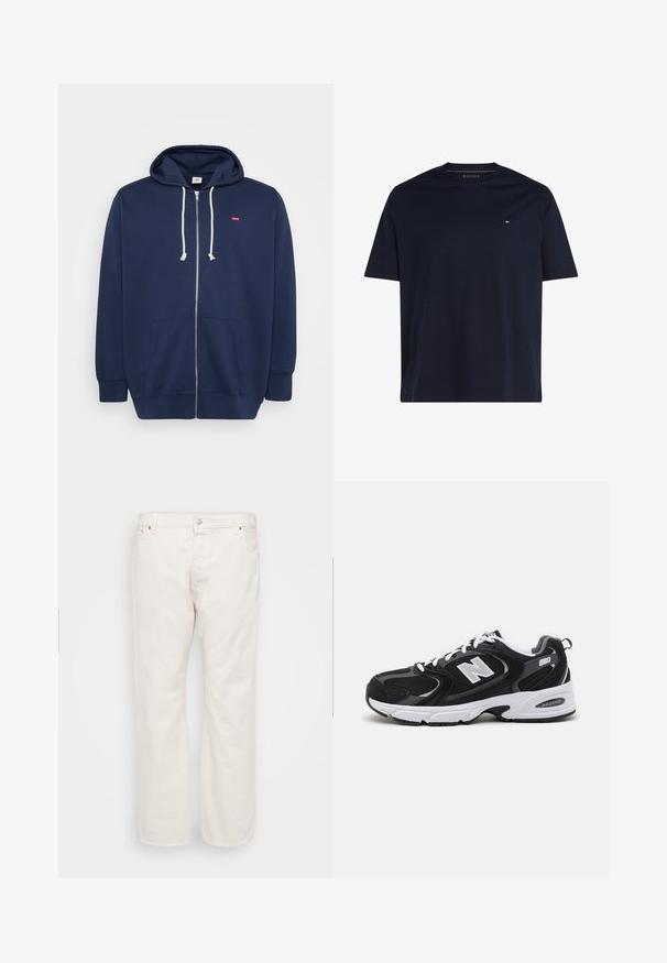 Dunkelblaue Zip-up Hoodie aus Baumwollmischung mit Kordelzugkapuze, frontalen Taschen und einem kleinen roten Logo auf der Brust. Weicher Stoff.; Schlichtes dunkelblaues T-Shirt mit kurzen Ärmeln, Rundhalsausschnitt und kleinem rot-weiß-blauem Logo auf der linken Brust.; Weiße Denim-Jeans mit geradem Schnitt, ausgestattet mit einem Knopfverschluss, Gürtelschlaufen und zwei Seitentaschen. Glatte Textur, minimale Details.; Schwarze und graue Sportschuhe mit Obermaterial aus Mesh und Wildleder, ausgestattet mit einer weißen Zwischensohle, Schnürsenkeln und einem markanten "N"-Logo an der Seite.