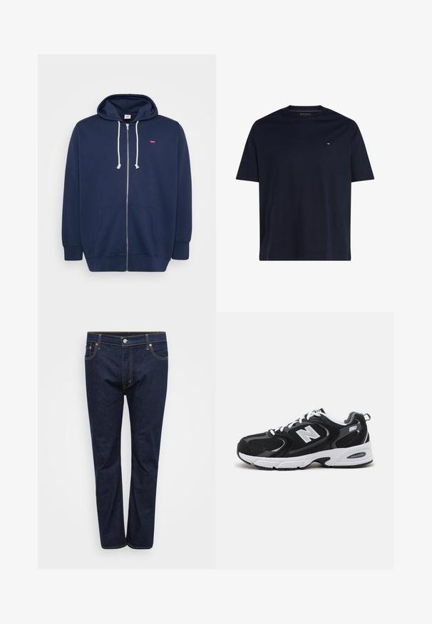 Dunkelblaue Zip-up Hoodie aus Baumwollmischung mit Kordelzugkapuze, frontalen Taschen und einem kleinen roten Logo auf der Brust. Weicher Stoff.; Schlichtes dunkelblaues T-Shirt mit kurzen Ärmeln, Rundhalsausschnitt und kleinem rot-weiß-blauem Logo auf der linken Brust.; Dunkelblaue Denim-Jeans mit geradem Bein, sichtbar abgenäht in kontrastierendem Gelb, fünf Taschen und einem vorderen Knopfverschluss.; Schwarze und graue Sportschuhe mit Obermaterial aus Mesh und Wildleder, ausgestattet mit einer weißen Zwischensohle, Schnürsenkeln und einem markanten "N"-Logo an der Seite.