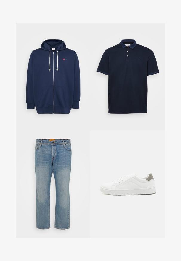 Dunkelblaue Zip-up Hoodie aus Baumwollmischung mit Kordelzugkapuze, frontalen Taschen und einem kleinen roten Logo auf der Brust. Weicher Stoff.; Marineblaues Polohemd aus weichem Stoff, mit klassischem Kragen, Drei-Knopf-Leiste und kontrastierenden gestreiften Akzenten an den Ärmeln.; Hellblaue Denim-Jeans mit geradem Bein, ausgestattet mit fünf Taschen, einem Knopfverschluss und einem orangefarbigen Markenschild am Bund.; Weißer Sneaker aus glattem Leder, runde Zehenpartie, minimalistisches Design, graue Fersenkante und strukturierte Gummisohle.