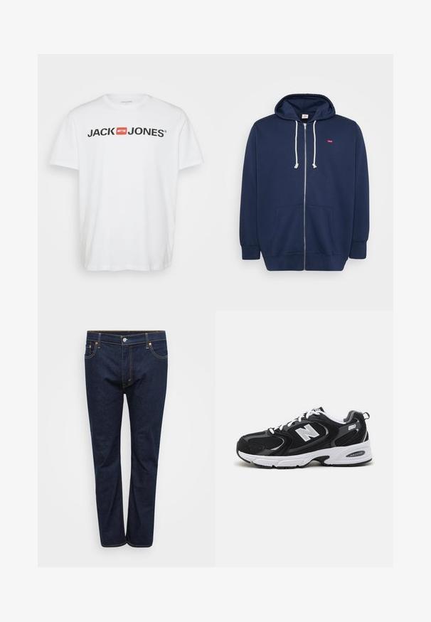 Marineblå lynlås-hoodie lavet af en bomuldsblanding med snørehuvud, frontlommer og et lille rødt logo på brystet. Blød tekstur.; Hvid bomulds T-shirt med "JACK & JONES" logo i sort med en rød rektangulær accent. Korte ærmer og rund hals. Glat tekstur.; Mørkeblå denim jeans med lige ben, der har synlige stikninger i kontrasterende gul, fem lommer og en frontlukning med knap.; Sorte og grå sportssko med mesh og ruskind på overdelen, der har en hvid mellemsål, snørebånd og et iøjnefaldende "N" logo på siden.