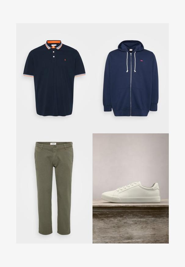 Marineblå lynlås-hoodie lavet af en bomuldsblanding med snørehuvud, frontlommer og et lille rødt logo på brystet. Blød tekstur.; Marineblå polo T-shirt i bomuld med krave, der har orange og grå striber, tre-knaps knaplukning og lille broderet logo på brystet.; Olivengrønne chinos med lige pasform, lavet af bomuld med let struktur, med knaplukning og bæltestropper.; Hvide snørresneakers svævende over en træbænk med grønne planter i baggrunden, der fremhæver skodesign og tekstur.