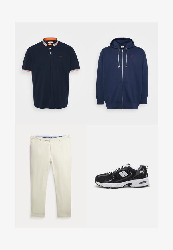 Marineblå lynlås-hoodie lavet af en bomuldsblanding med snørehuvud, frontlommer og et lille rødt logo på brystet. Blød tekstur.; Marineblå polo T-shirt i bomuld med krave, der har orange og grå striber, tre-knaps knaplukning og lille broderet logo på brystet.; Beige herrebukser med lige ben, bæltestropper og forlommer, lagt fladt på en hvid baggrund.; Sorte og grå sportssko med mesh og ruskind på overdelen, der har en hvid mellemsål, snørebånd og et iøjnefaldende "N" logo på siden.