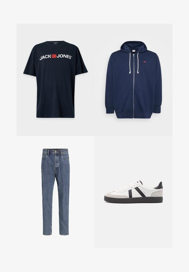 Marineblå lynlås-hoodie lavet af en bomuldsblanding med snørehuvud, frontlommer og et lille rødt logo på brystet. Blød tekstur.; Sort T-shirt med korte ærmer med hvid "JACK JONES" tekst og et rødt firkantet logo centreret på brystet.; Lyseblå denimjeans med fem lommer, lige ben, knaplukning og bæltestropper, vist mod en ensfarvet baggrund.; Hvide sneakers med sorte og grå detaljer, med en tekstureret grå tåhætte, sort gummisål og flade hvide snørebånd. Rent design, minimalistisk stil.