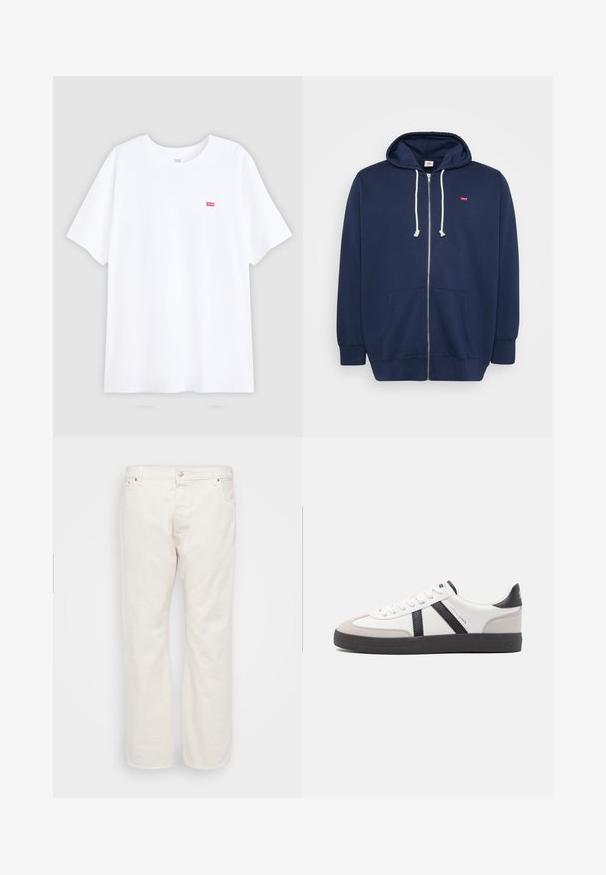 Sudadera con cremallera de color azul marino, hecha de una mezcla de algodón, con capucha ajustable, bolsillos frontales y un pequeño logo rojo en el pecho. Textura suave.; Camiseta blanca de algodón con mangas cortas y cuello redondo. Presenta un pequeño logo rojo de Levi's en el lado izquierdo del pecho. Diseño plano, sin patrones.; Vaqueros de denim blanco con corte recto, que cuentan con un cierre de botón, trabillas para cinturón y dos bolsillos laterales. Textura suave, con un detalle mínimo.; Zapatilla blanca con acentos en negro y gris, que presenta una puntera texturizada en gris, suela de goma negra y cordones planos blancos. Diseño limpio, estilo minimalista.