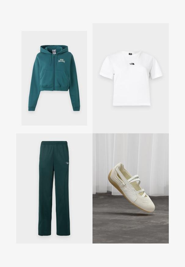 Sudadera con capucha y cremallera en color verde azulado, con cordones, bolsillos delanteros, logo "New Balance" en el pecho izquierdo y puños y dobladillo acanalados.; Camiseta blanca de algodón con mangas cortas, cuello redondo y un logo negro de The North Face en el pecho. Diseño sencillo y sin adornos.; Pantalones de chándal verde oscuro hechos de una tela suave, con una cintura elástica y costuras laterales, y un pequeño logo en la parte delantera.; Zapato estilo Mary Jane color blanco roto con tres correas, lados texturizados y suela flexible marrón claro flotando sobre un suelo gris.